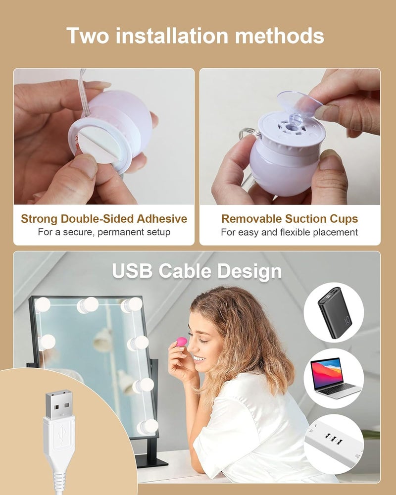 Yarnock 14 Bulbs LED Vanity Lights for Mirror, 3000K 4000K 6500K & 10-Brightness, Wire Length Adjustable, USB Cable, Hollywood Mirror Lights for Makeup Dressing Room Bathroom, White - Image 5